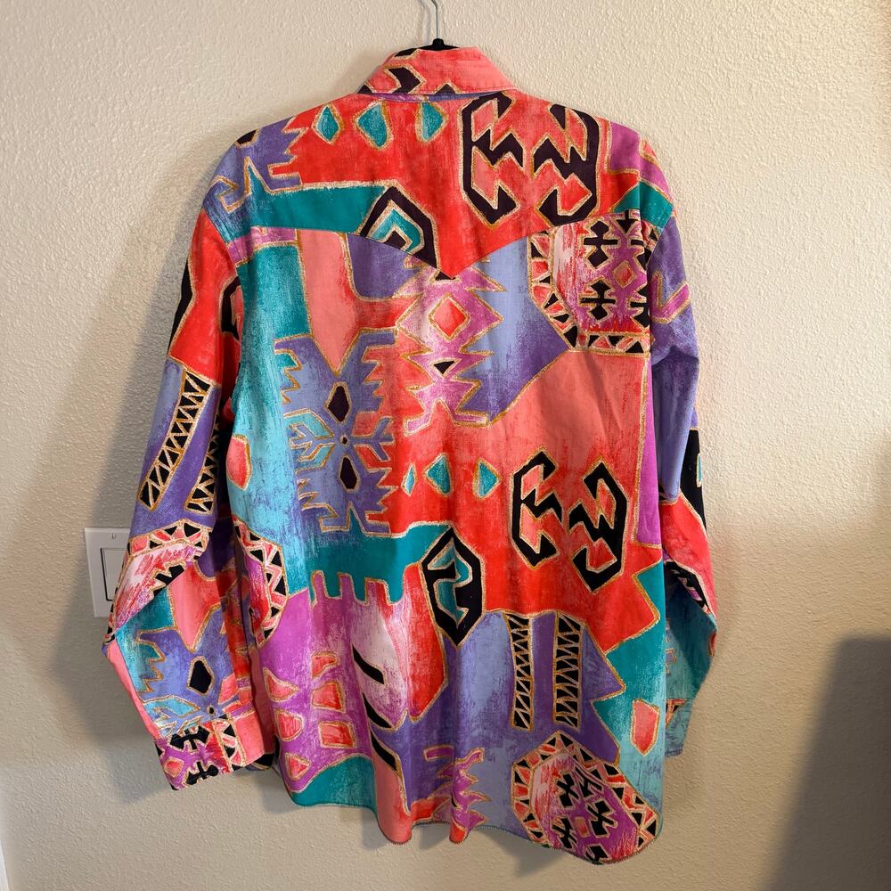 Wrangler Vintage 90s Long Sleeve Aztec Print Western Button Up Shirt Size - Picture 5 of 5